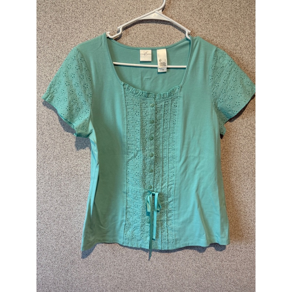 Emma James Women's Top Size L Aqua Blue Eyelet Short Sleeve Blouse